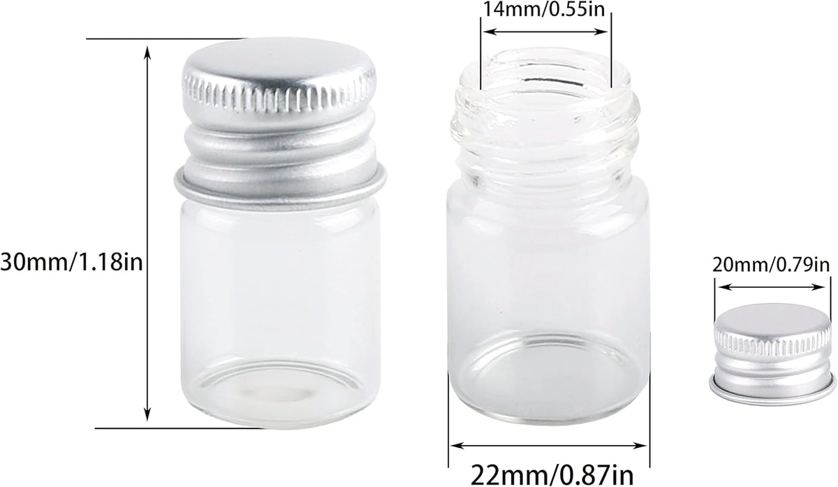 MaxMau Mini Glass Bottles with Screw Caps 5ml 24 Sets Aluminum Top Metal Lids 5 Milliliter Tiny Vials Small Jars DIY Storage Art Craft Decor