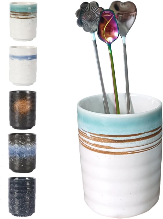 Stoneware Coffee Bar Utensil Holder Tea & Coffee Spoon & Stirrer Holder for Stir Stick Straw Teaspoon Holder Spoon Cup Small Utensil Jar (Coastal beach)