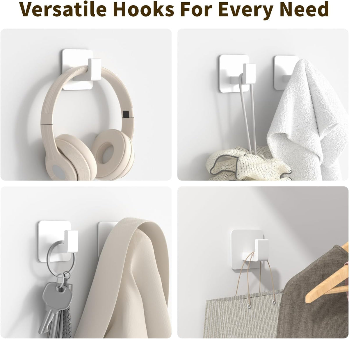 Square Self Adhesive Towel Hooks - 2 Pack Matte White Metal Hooks, Right-Angle Design for Towels, Robes & Hats, Organize Bathroom, Kitchen, Entryway, Doors, Cabinets on Smooth Surfaces