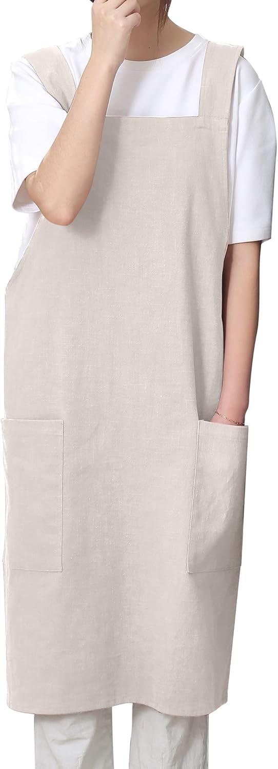 Soft Cotton Linen Apron for Women - Non-tie Cross Back Apron with Pockets, Great for Florist and Kitchen
