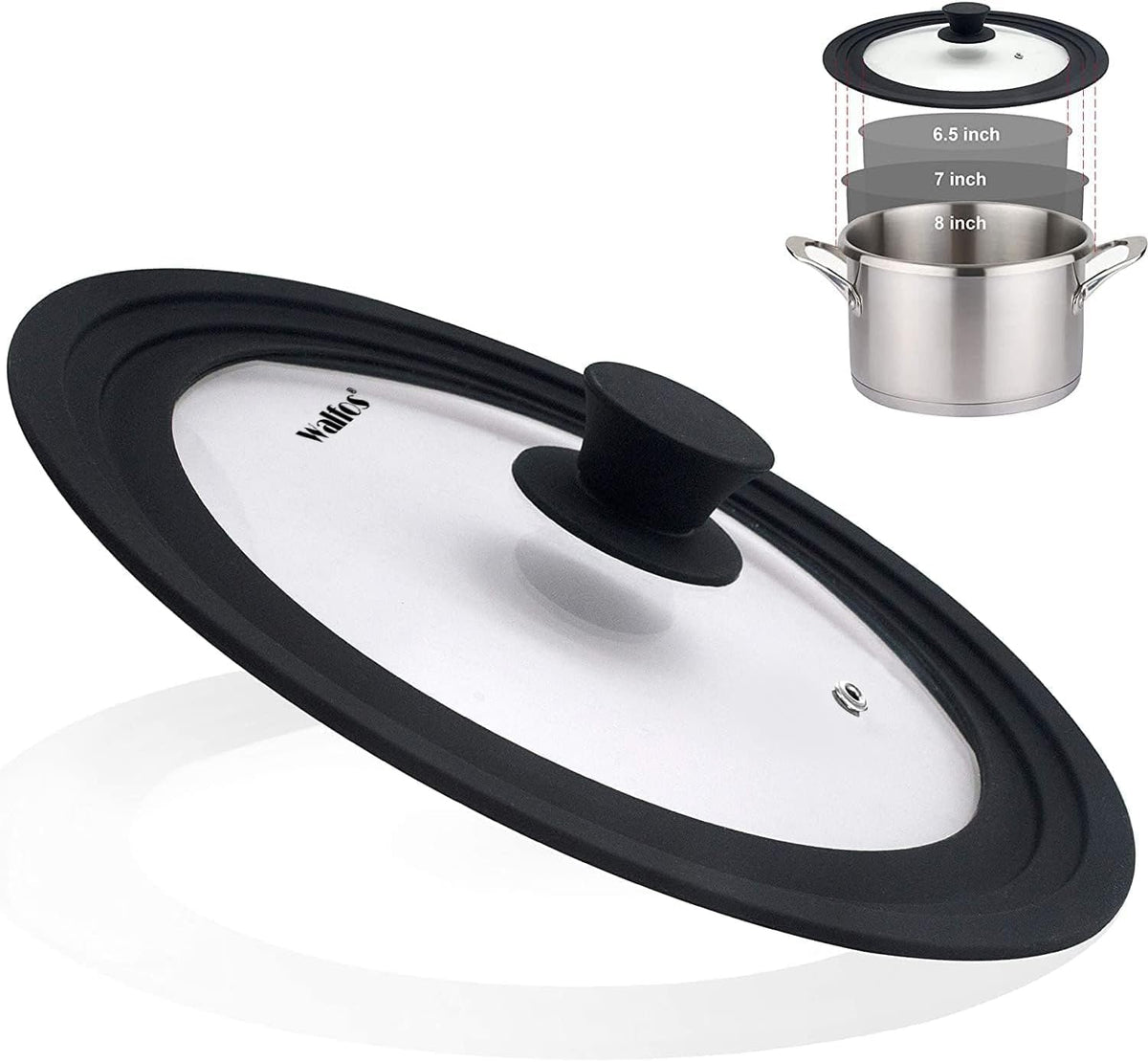 Universal Lid for Pots, Pans and Skillets & Frying Pan - Small Pan lids Fits 6.5", 7" and 8" Diameter Cookware - Tempered Glass with Heat Resistant Silicone Rim