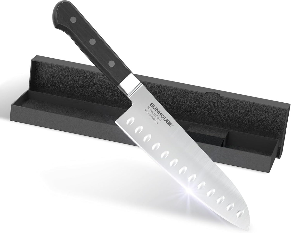 Sunhouse Santoku Knife 7 inch,AUS-8 Stainless Steel – Superior 59HRC Hardness, Full Tang, Ergonomic Handle, Perfect Gifts for Mom or Dad,Premium Gifts