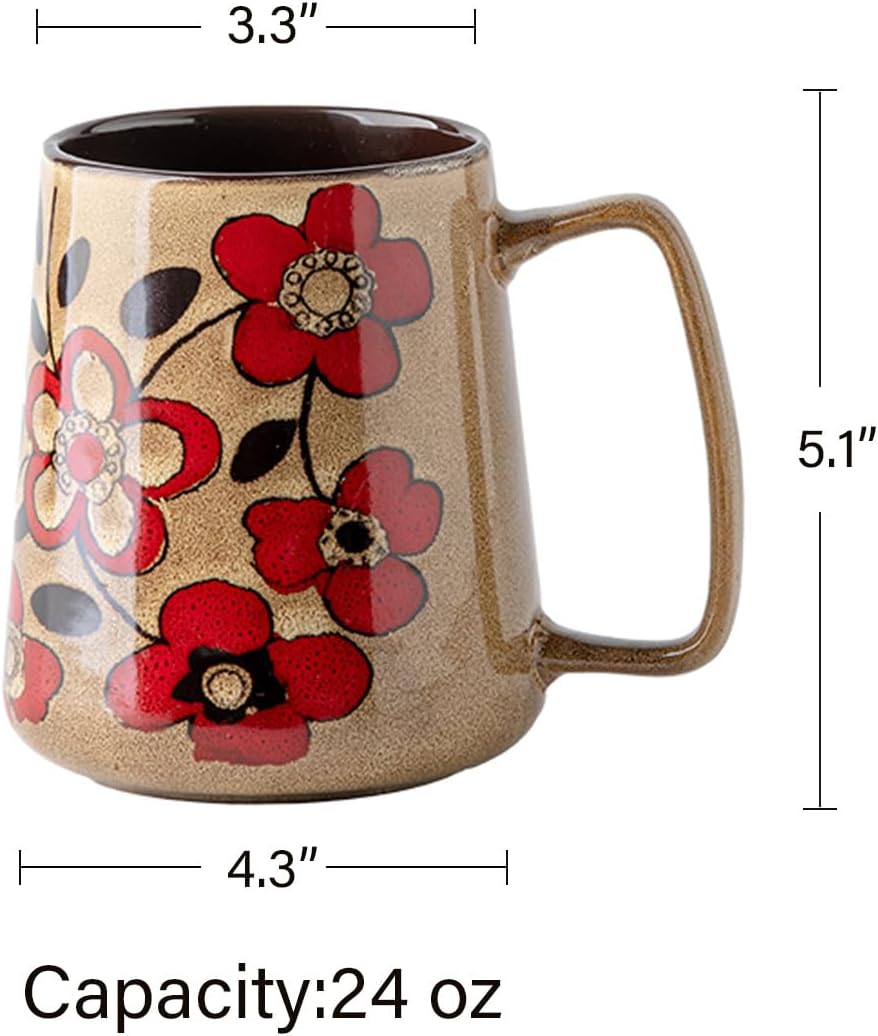 Large 24 oz Ceramic Coffee Mug with Handle, Vintage Floral Coffee Cup, Extra Big Tea Cup for Office and Home, Dishwasher and Microwave Safe, Khaki with Red Flower