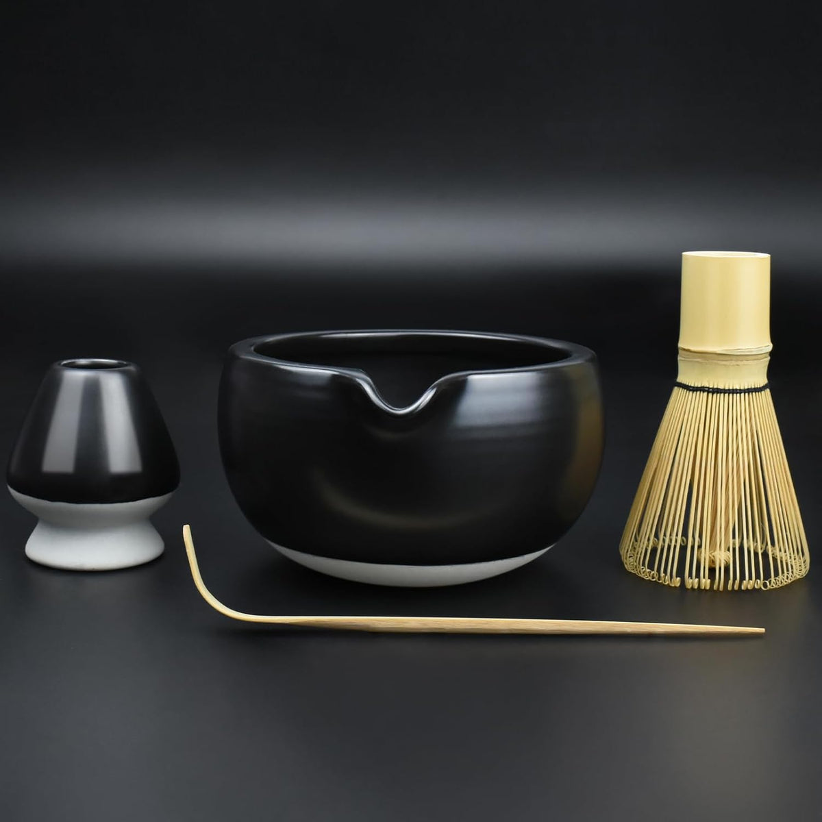Artcome 4 Pcs Complete Matcha Ceremony Kit - Bowl With Pouring Spout, Whisk, Holder, Scoop - Japanese Tea Set for Making Usucha, Koicha and Latte (Black)