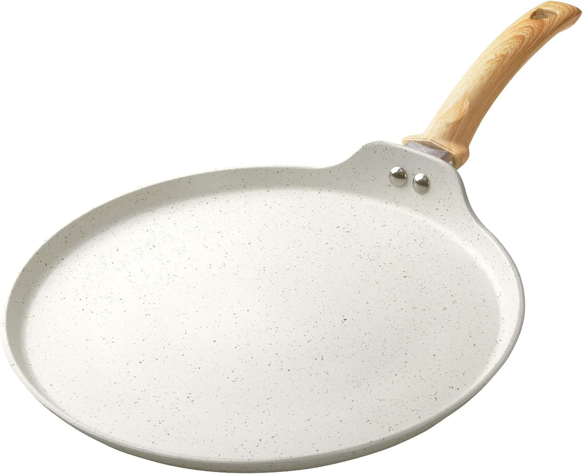 Nonstick Crepe Pan, Granite Coating Flat Skillet Dosa Tawa Tortilla Pan, 10 inch White Pancake Griddle Roti Pan With Stay-Cool Handle, Induction Compatible, PFOA Free