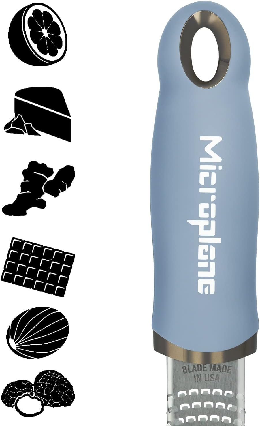 Microplane Zester Grater in Sky Blue for Citrus Fruits, Hard Cheese, Ginger, Chocolate and Nutmeg with Fine Stainless Steel Blade - Made in USA