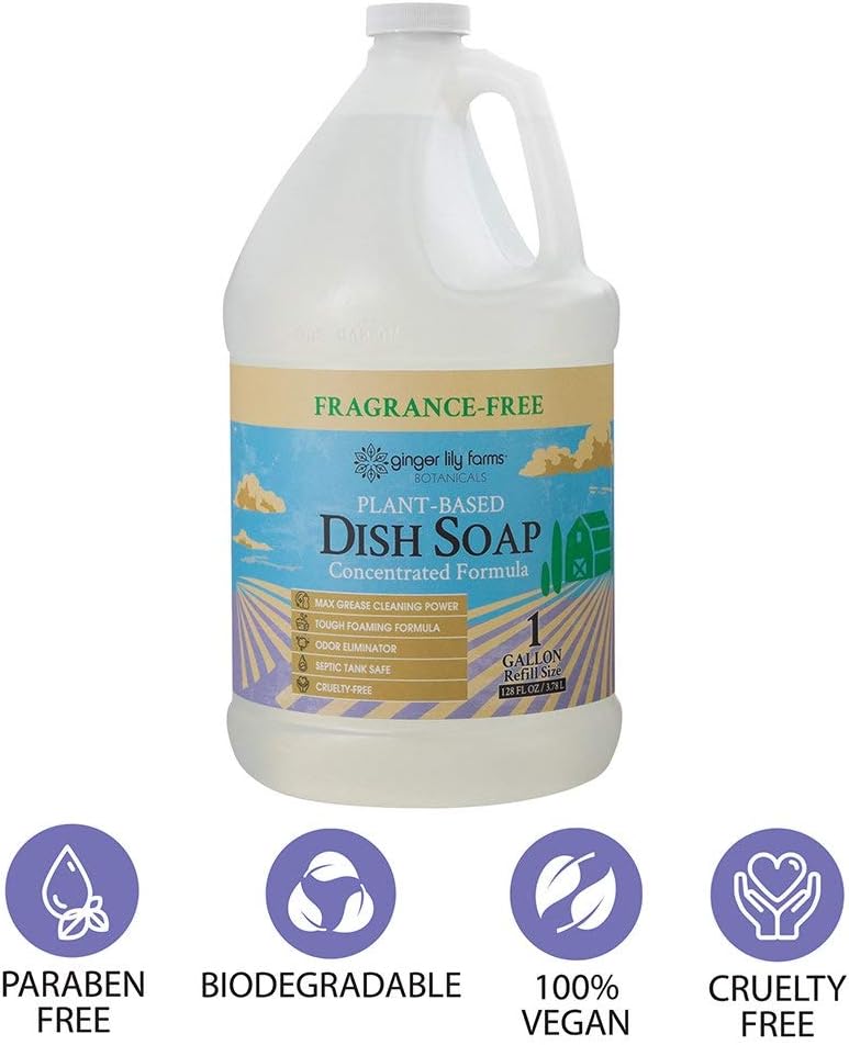 Ginger Lily Farms Botanicals Plant-Based Liquid Dish Soap, Concentrated Formula with Max Grease Cleaning Power, Cruelty-Free, Fragrance-Free, 1 Gallon Refill (Pack of 4)