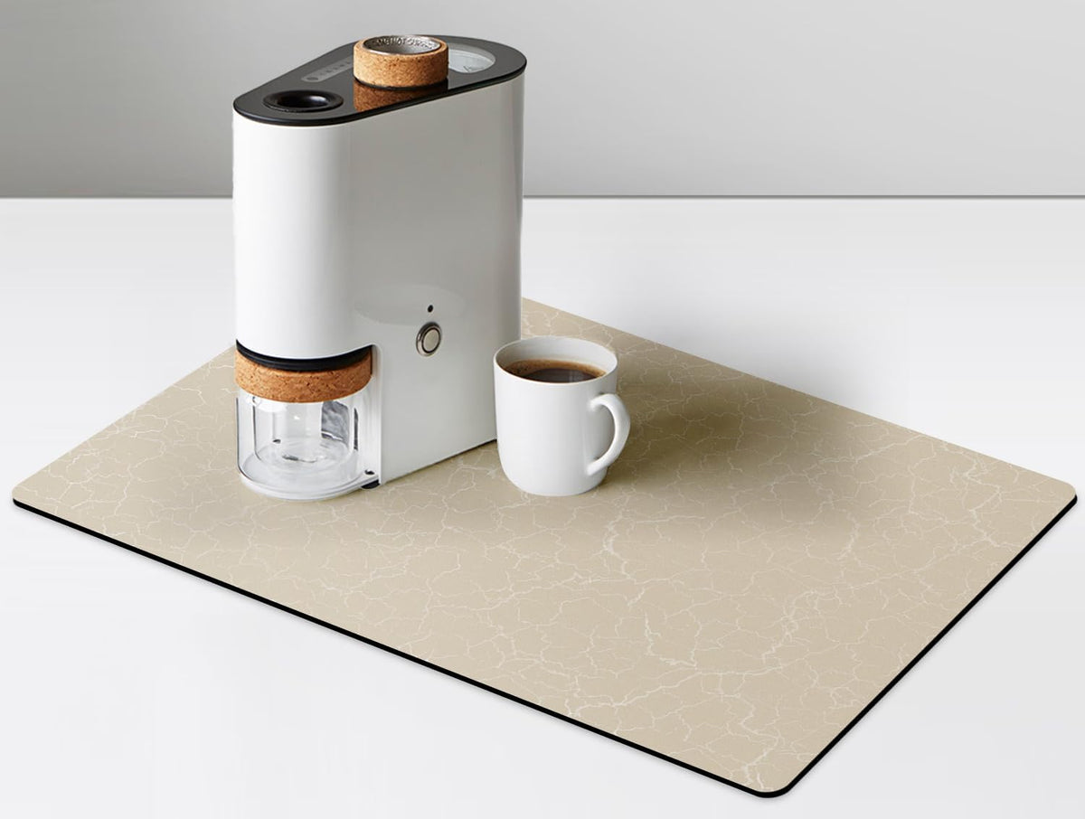 Coffee Maker Mat for Countertop - Coffee Bar Accessories Fit Under Cafe Machine, Rubber Backed Absorbent Pad, Table Mat Under Appliance, Kitchen Counter Dish Drying Mat, 19"x12", Marble Beige