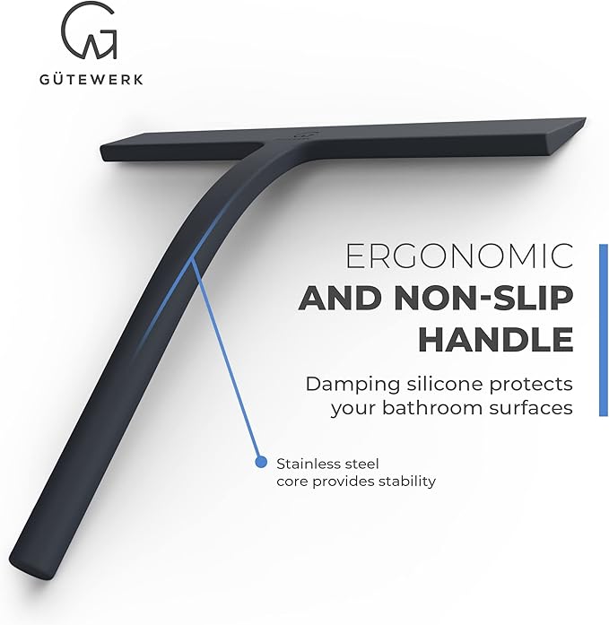 GÜTEWERK Shower Squeegee for Glass Doors, Silicone Window Squeegee, Bathroom and Glass Cleaning - Black - 9 Inch