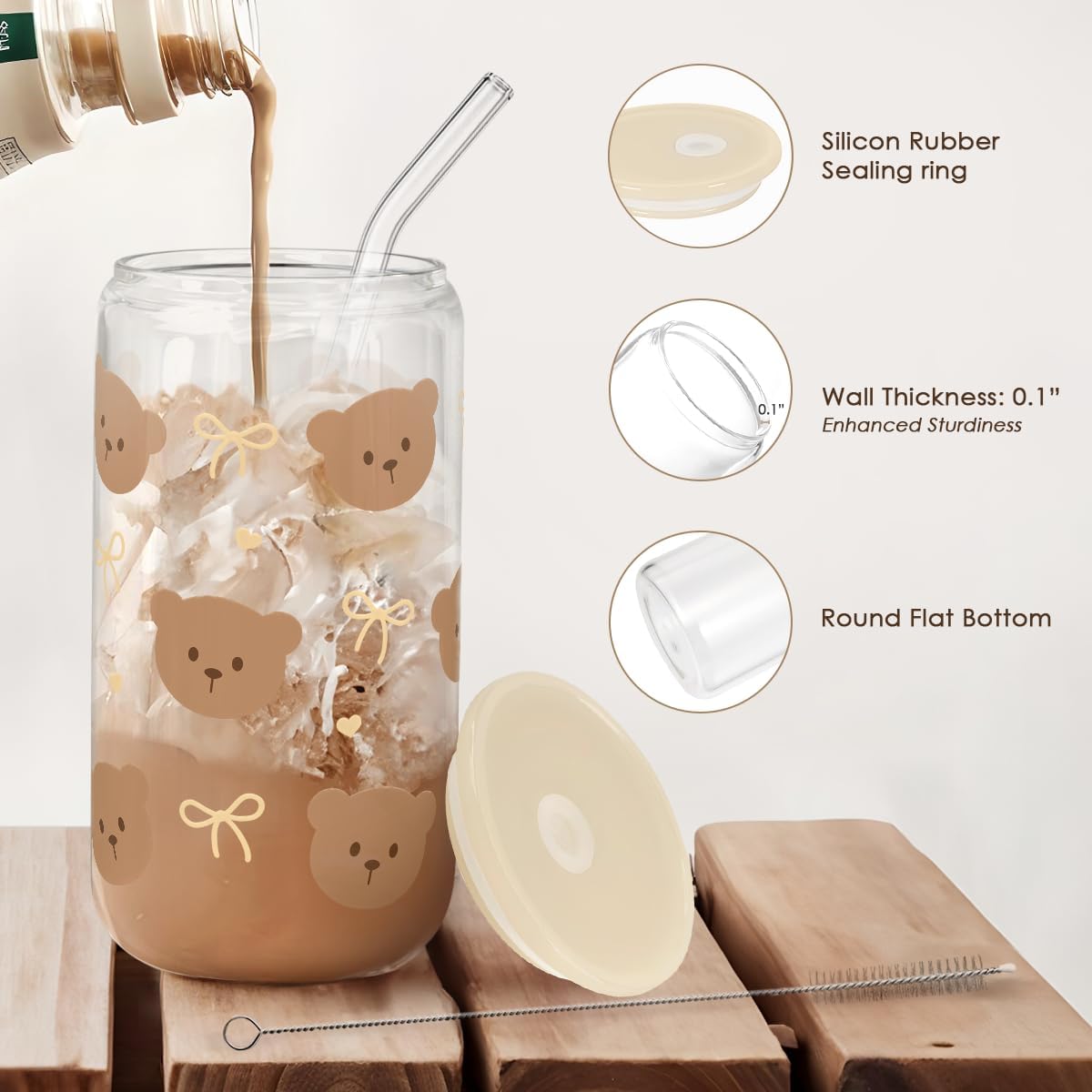 SANDJEST Bear Glass Can, Iced Coffee Aesthetic Cup, Gift for Christmas Birthday, Gifts for Women Girls, 16oz