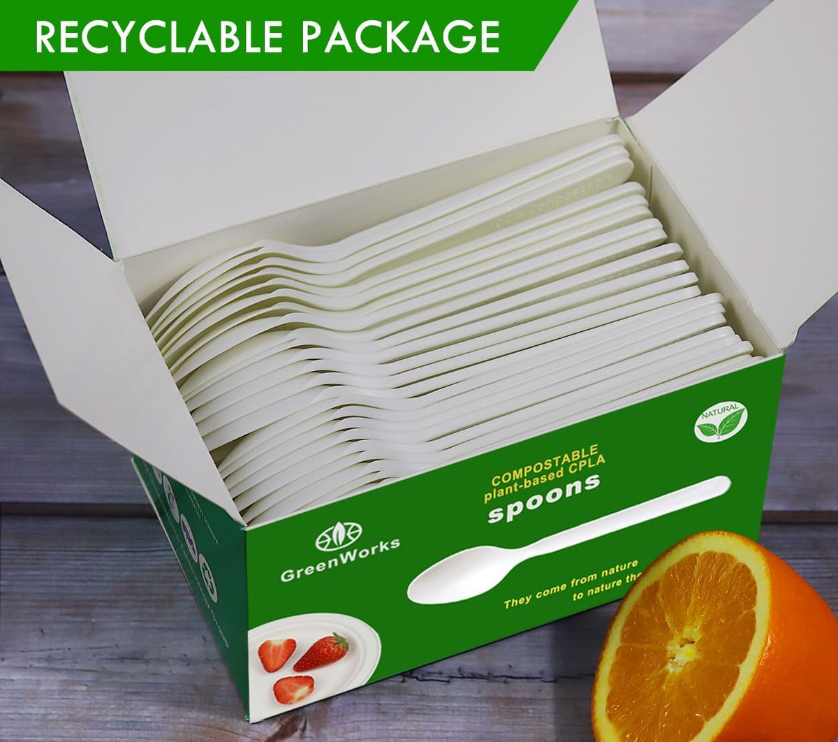 GreenWorks Heavy-duty Compostable Spoons,BPI Certified,100 Count Large Disposable Cutlery Spoons