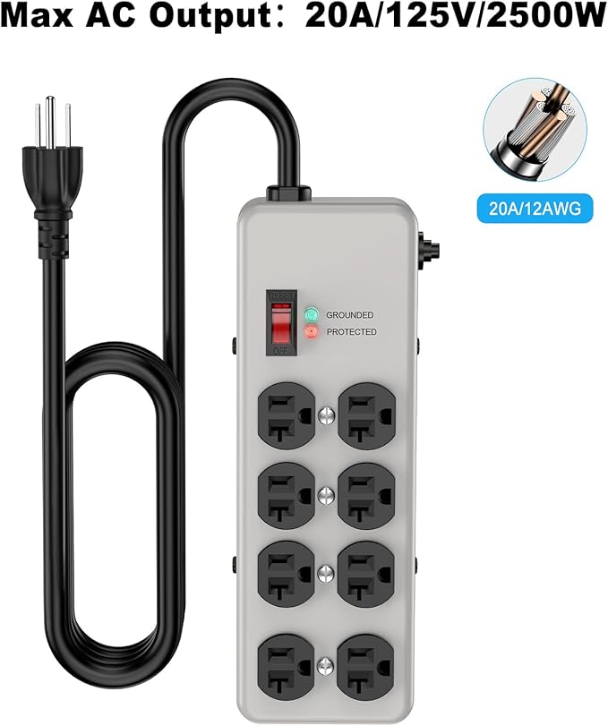 HEZI 20A Power Strip Surge Protector Durable Metal 8-Outlet with Heavy Duty 20 Amp Extension Cord,12 Gauge for Garage,Workshop & Industrial Use with 6-20R T-Slot Outlets,4800J(Grey,10FT)