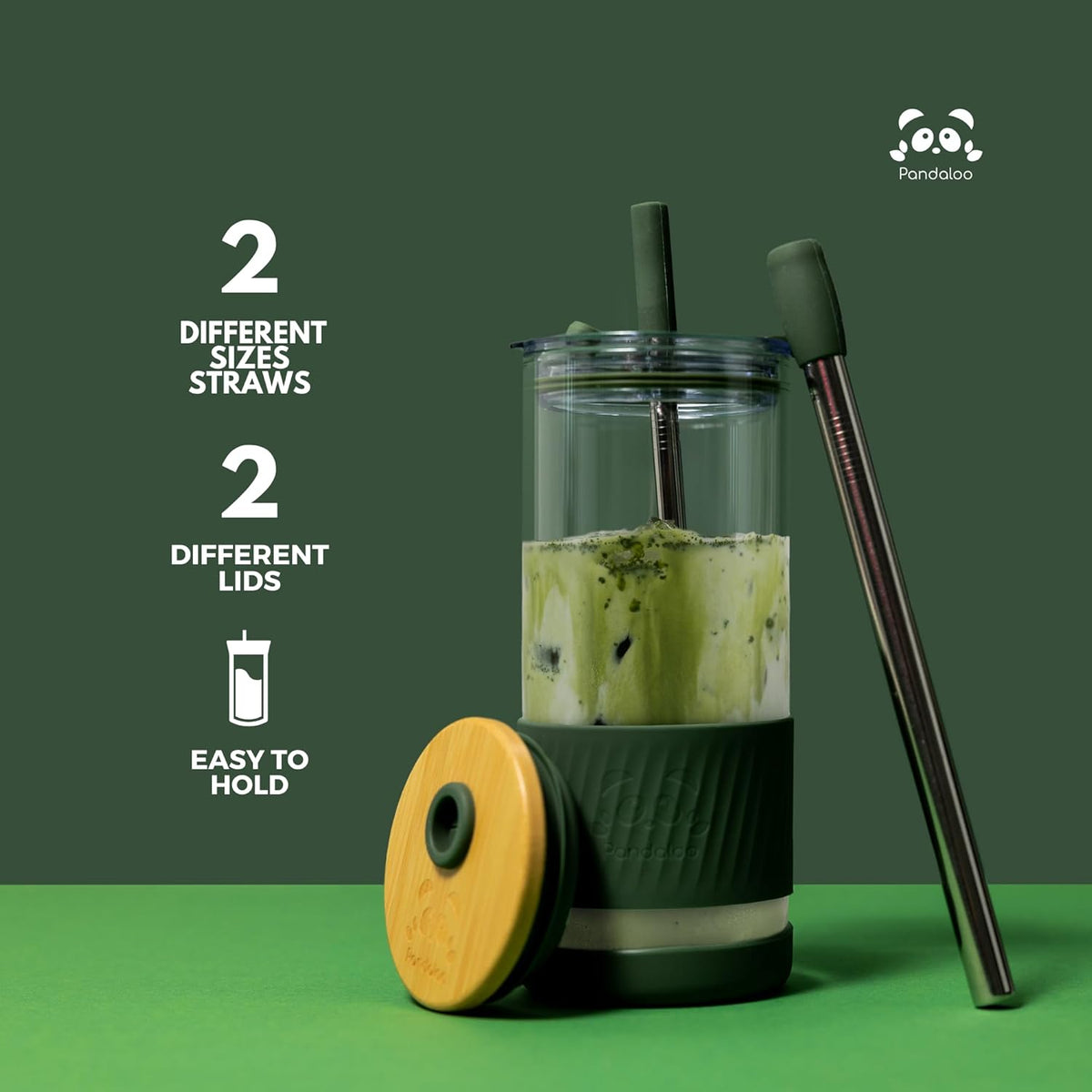 Pandaloo® Glass Cups With Lids and Straws -20 Fl Oz- Perfect Size Iced Coffee Cup - Smoothie Cup With Bamboo Lid and On the go Lid - Glass Tumbler With Straw (1 Count (Pack of 1), Amber Sand)