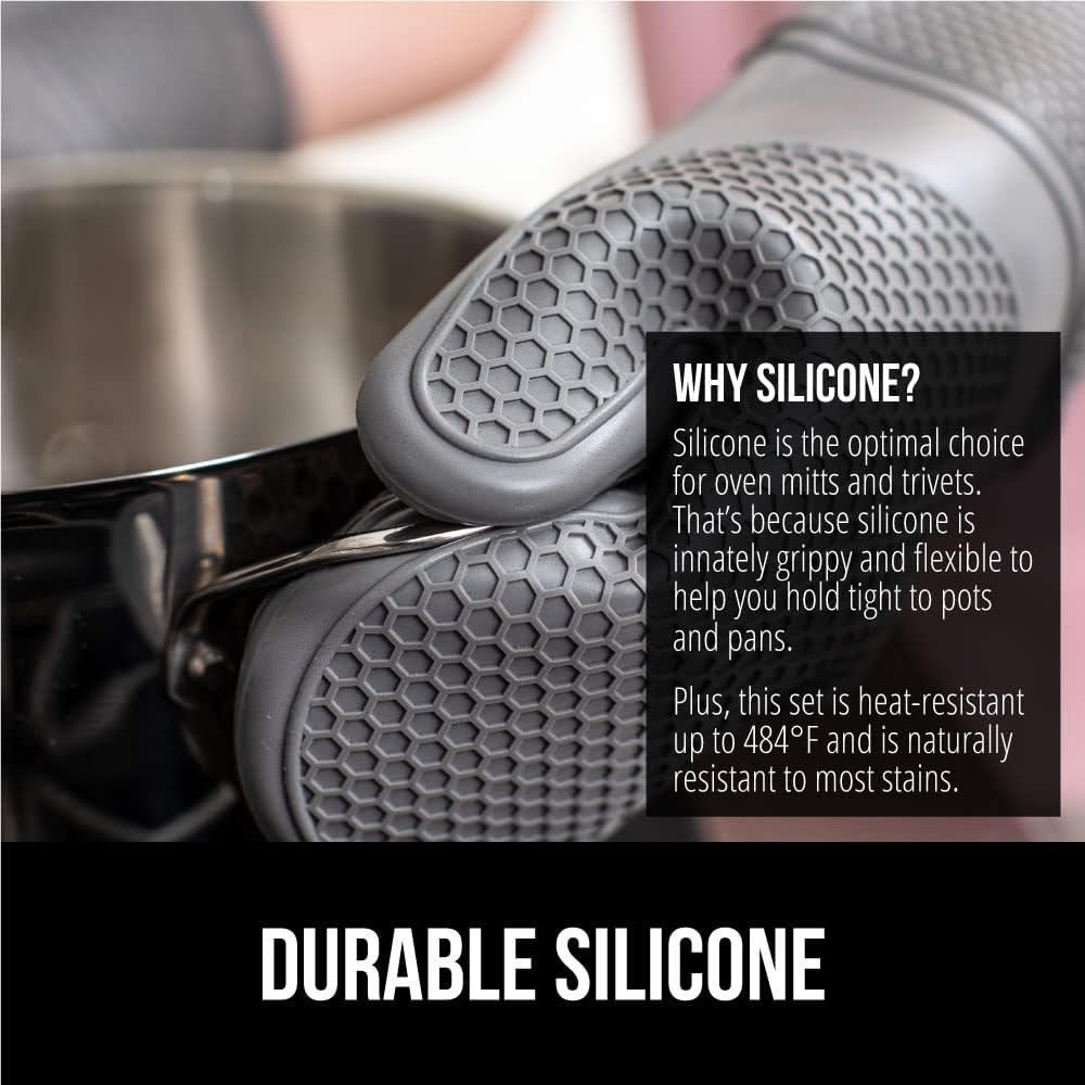 GORILLA GRIP BPA-Free Soft Silicone Oven Mitts and Pot Holders Sets of 4, Heat Resistant Waterproof Cooking Gloves, Thick Cotton Lining, Flexible Gripping for Baking Grilling, Kitchen Trivets, Gray