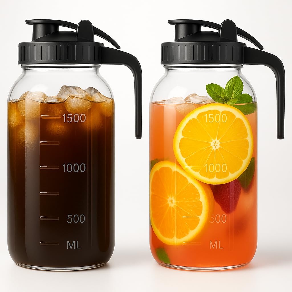 2 Pack (64oz) Glass Mason Jar Pitcher with Lid and Spout Wide Mouth, 2 Quart Leakproof Water Jug for Sun Tea, Iced Coffee, Milk Storage, Juice, Black