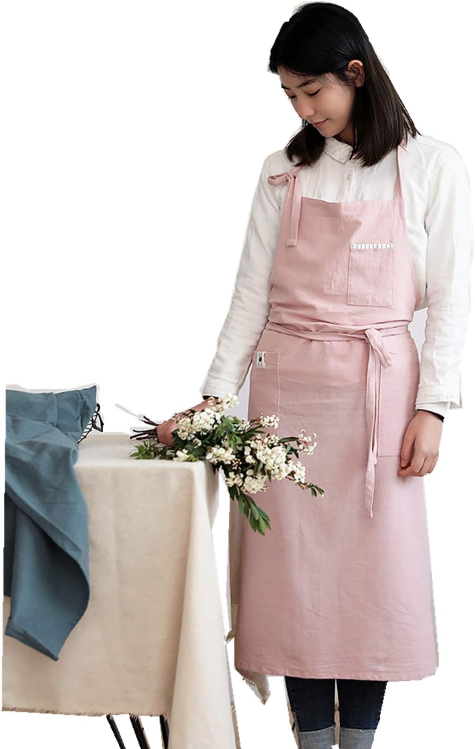 Adjustable Japan Nordic Style Soft Cotton Linen Apron with Four Pockets A Towel