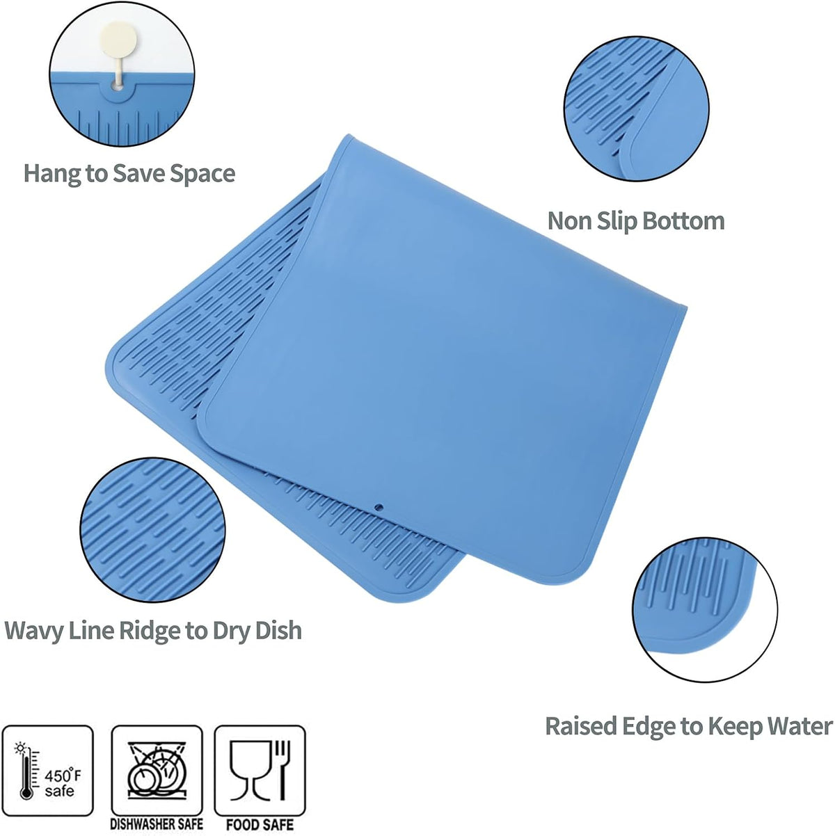 Silicone Dish Drying Mat for Multiple Usage,Easy clean,Eco-friendly,Heat-resistant Silicone Mat for Kitchen Counter or Sink,Refrigerator or Drawer Liner Lichen BlueL 5XL 36inches x 18inches