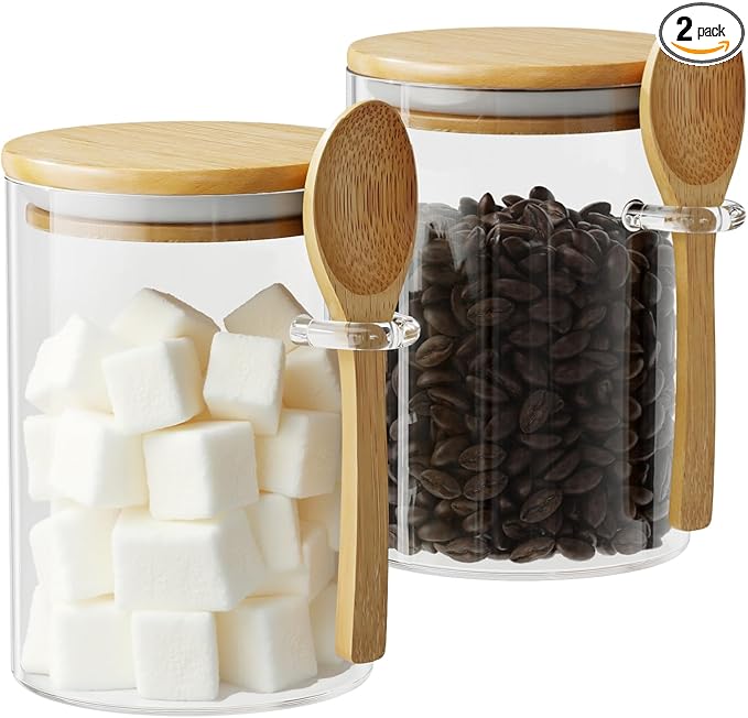 Glass Sugar Container with Spoon - 2 Pack 15oz Glass Jars with Bamboo Lid and Spoon, Bamboo Lid Storage Jar Canister for Coffee Beans, Spice, Brown Sugar, Tea, Flour, Nuts, Candy, Salts and More