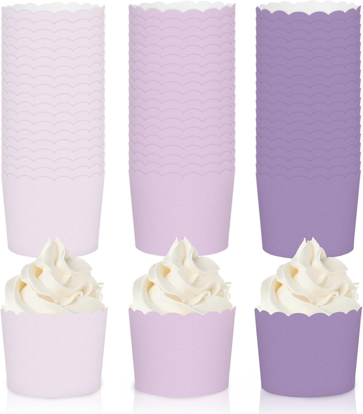 Whaline 120Pcs Purple Paper Baking Cups Scalloped Edge Cupcake Wrappers Gradient Purple Cupcake Muffin Cases for Wedding Birthday Baby Shower, 3 Colors