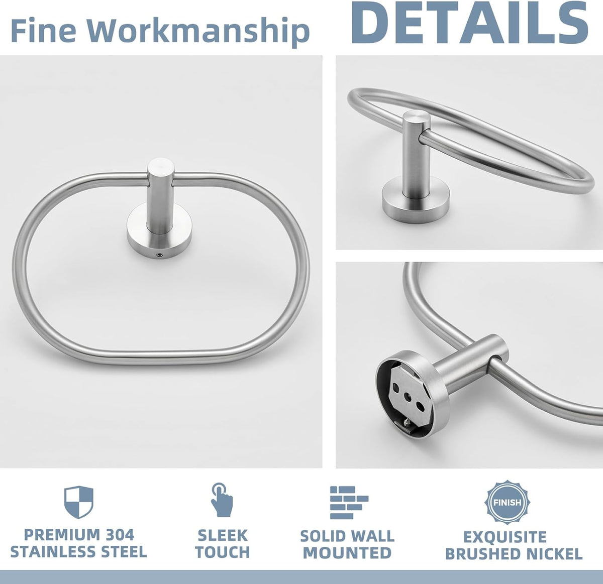 APLusee Oval Towel Ring Brushed Nickel, 304 Stainless Steel Towel Holder for Bathroom Kitchen, Wall Mounted