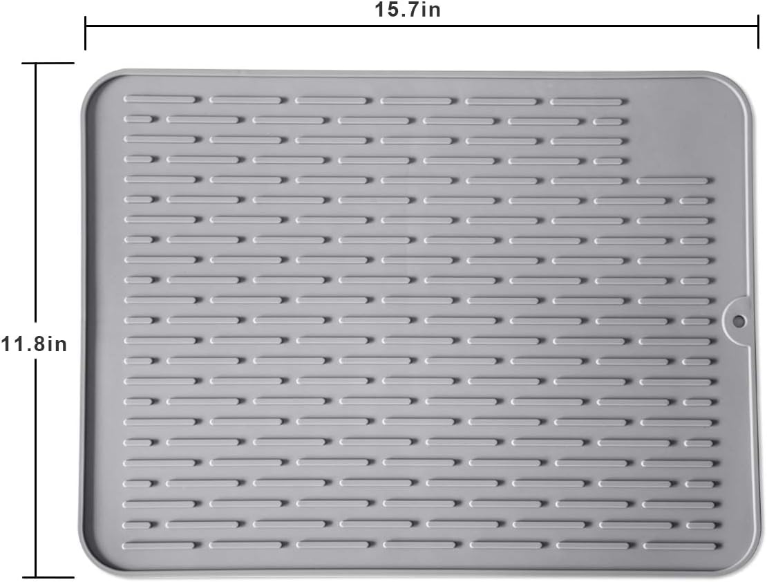 Silicone Dish Drying Mat for Multiple Usage,Easy clean,Eco-friendly,Super Sturdy Silicone Dish Drying Mat and Trivet, Dishwasher Safe, Heat Resistant (Gray, M 15.7×11.8inch)