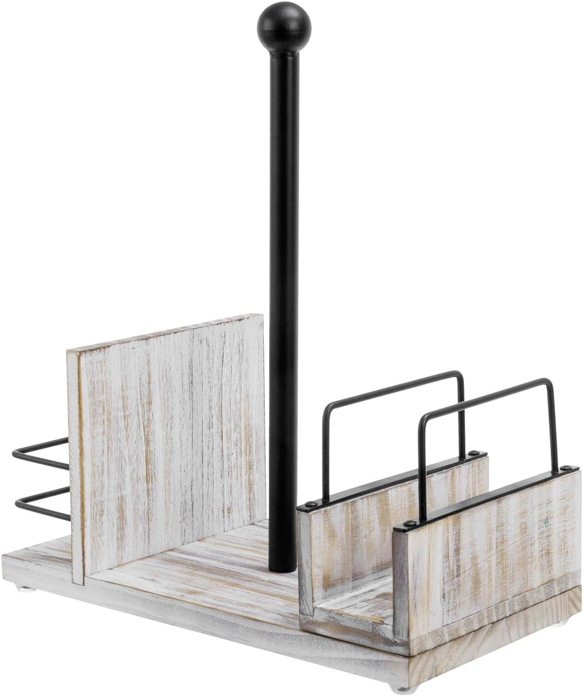 MyGift All-in-One Paper Towel Holder Kitchen Caddy, Shabby Chic Whitewashed Solid Wood and Industrial Matte Black Metal Dining Combo Rack with Paper Towel Dispenser, Napkin Holder, and Spice Rack