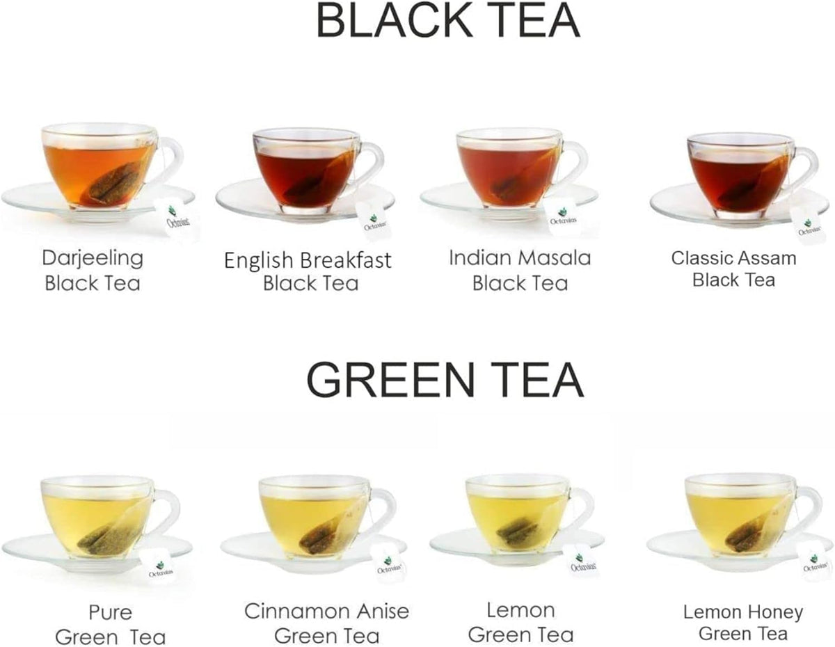 Octavius Tea Gift Set - Assorted Black & Green Tea Bags in Wooden Box | 6 Flavors, 90 Count | Premium Tea Sampler for Women & Men | Wellness Gift, Holiday, Birthday, Office, Corporate Gifting