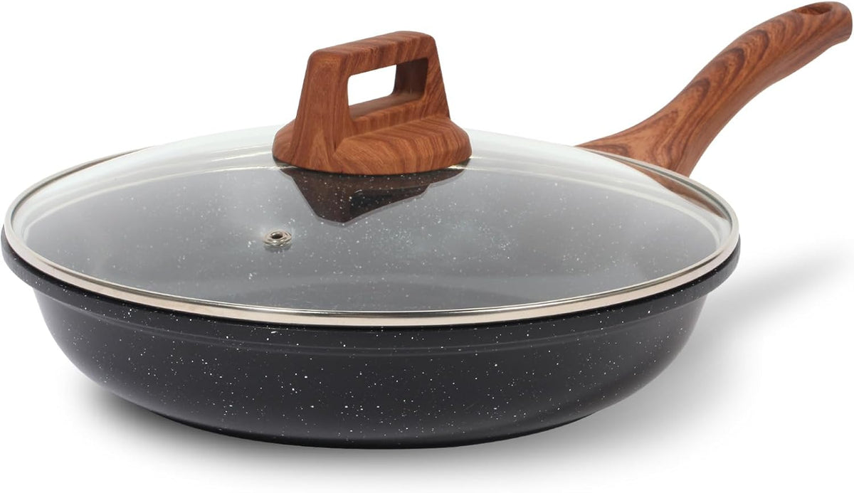 ESLITE LIFE Nonstick Ceramic Frying Pan Skillet with Lid, Non-Toxic Egg Omelette Kitchen Cooking Pans Compatible with All Stovetops (Gas, Electric & Induction), PTFE & PFOA Free (Black, 8" w/Lid)