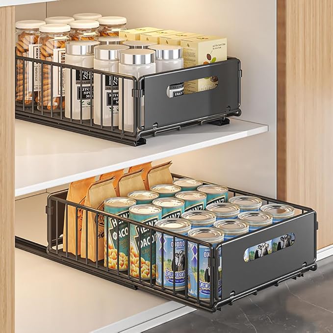 Pull Out Cabinet Organizer Slide Out Drawer Storage Shelves Cupboard Organiser Sliding Cabinet Basket for Kitchen No Drilling and Nailing (Black, 2Piece 9.8" W X 15" D X 3.9" H)