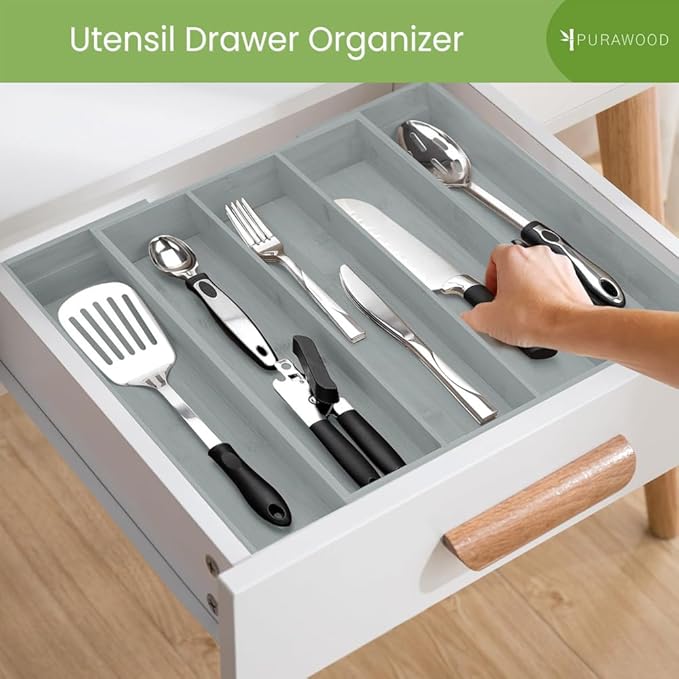Purawood Kitchen Drawer Organizer - Expandable Utensil Drawer Organizer for Kitchen, Cutlery Tray & Silverware Organizer, 3-5 Slots - Bamboo Organizer for Utensils & Flatware (Grey)