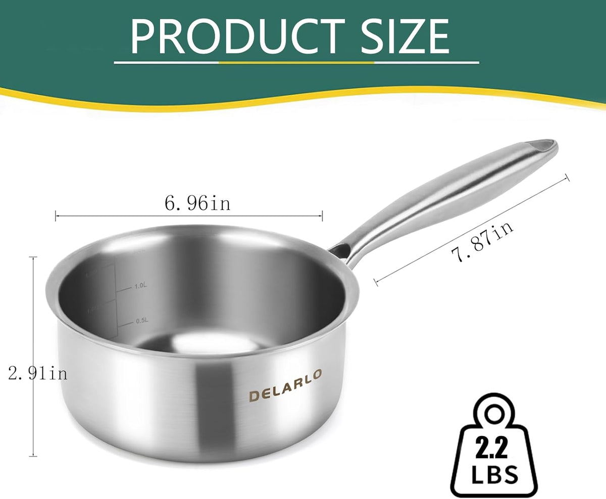 DELARLO Tri-Ply Stainless Steel Induction Saucepan, 1.5 QT with Lid, All Stove Compatible 600, Small Pots for Cooking, Heavy Duty Saucier, Dishwasher Safe
