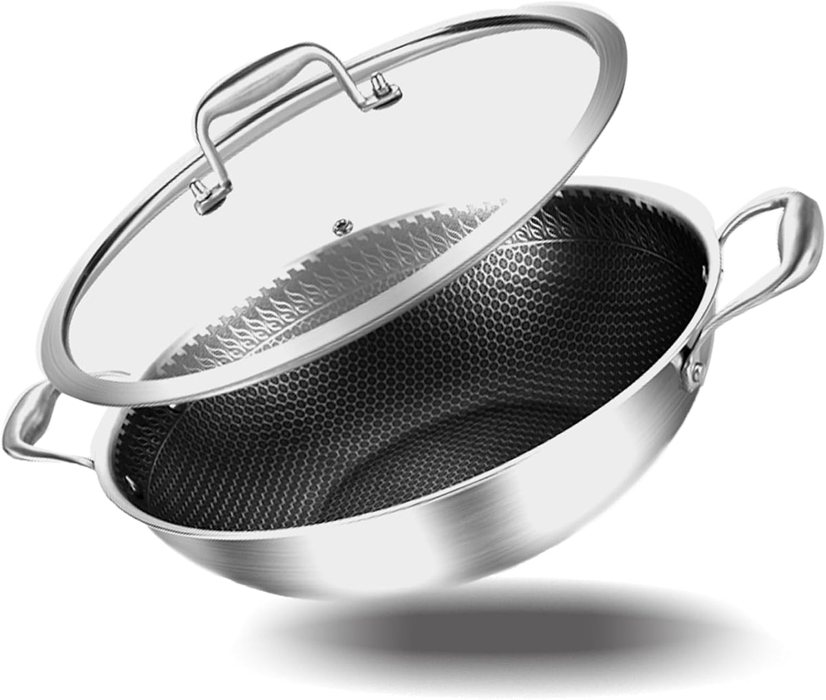 DELARLO Tri-Ply Stainless Steel Wok 13in Nonstick Deep Wok Pan with Lid,Stir-Fry Pans,5.5QT Cooking Pot induction Large woks,Compatible with All Cooktops Up to 550°F(Double Handle)