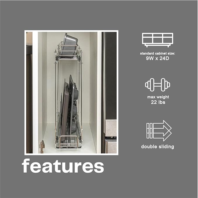 Household Essentials Glidez Multipurpose Chrome-Plated Steel Pull-Out/Slide-Out Storage Organizer for Cookware and Bakeware - 2-Tier Design - Fits Standard Size Cabinet or Shelf, Chrome