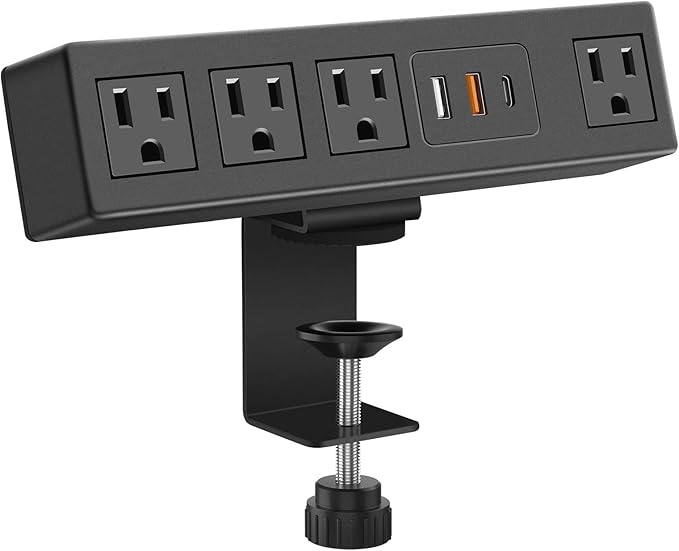 CCCEI Desk Clamp Power Strip with USB-A and USB-C Ports, Desktop Mount Surge Protector 1200J, Widely Spaced Desk Outlet Station, Fast Charging, 3 FT Flat Plug, Fit 1.9 inch Tabletop Edge.