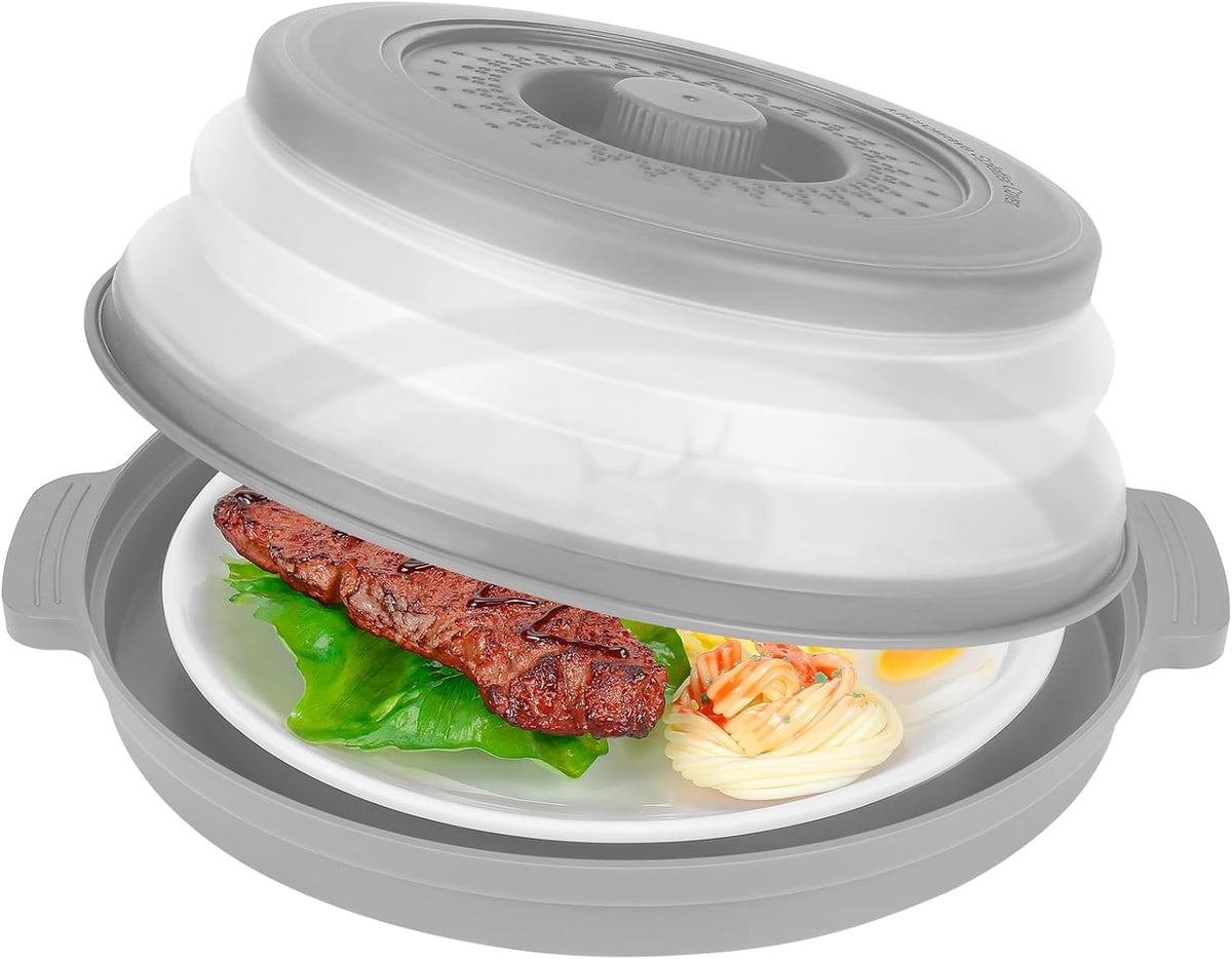 10.7 Inch Microwave Food Cover with Heat Insulation Mat, Anti-Scald Collapsible Microwave Splatter Cover, Multi-Functional as Colander & Fruit Plate, Dishwasher Safe, Ideal for Meal Prep (Gray)
