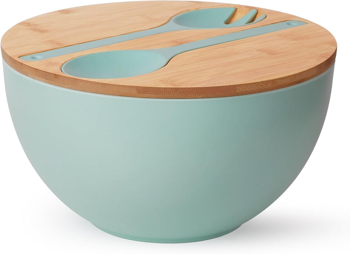 11.3" Extra Large Salad Bowl with Wooden Lid & Servers, 208Oz, Oversized Bamboo Fiber Salad Serving Set with Utensils for Home/Kitchen, Big Lightweight Bowl for Mixing Salad,Fruit,Pasta - Turquoise