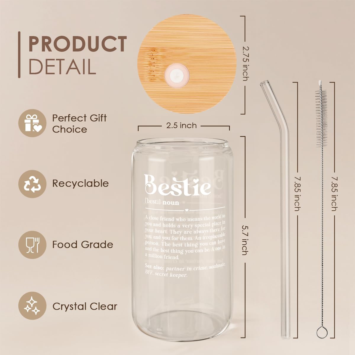 SANDJEST Best Friend Glass Can, Besties Definition Cup with Lid & Straw, Iced Coffee Aesthetic Cups, Gift for Christmas Birthday Mother Day, Gifts for Women Friends Sisters, 16oz