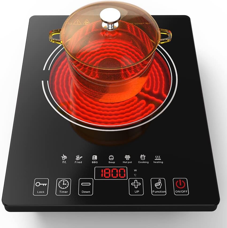 Electric Cooktop, Portable Electric Cooktop 1800W Single Burner Stove with LED Touch Screen, 8 Power & 8 Temperature Levels, Timer, 110V-120V Hot Plate for Home Camping