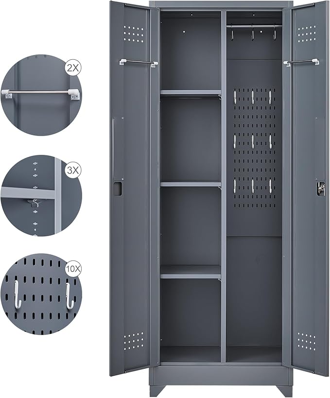 FLEXIMOUNTS 65'' Tall Metal Storage Cabinet with Locking Door, Large Cleaning Tool Organizer for Brooms, Garage, Laundry Room, Bathroom, Dark Grey