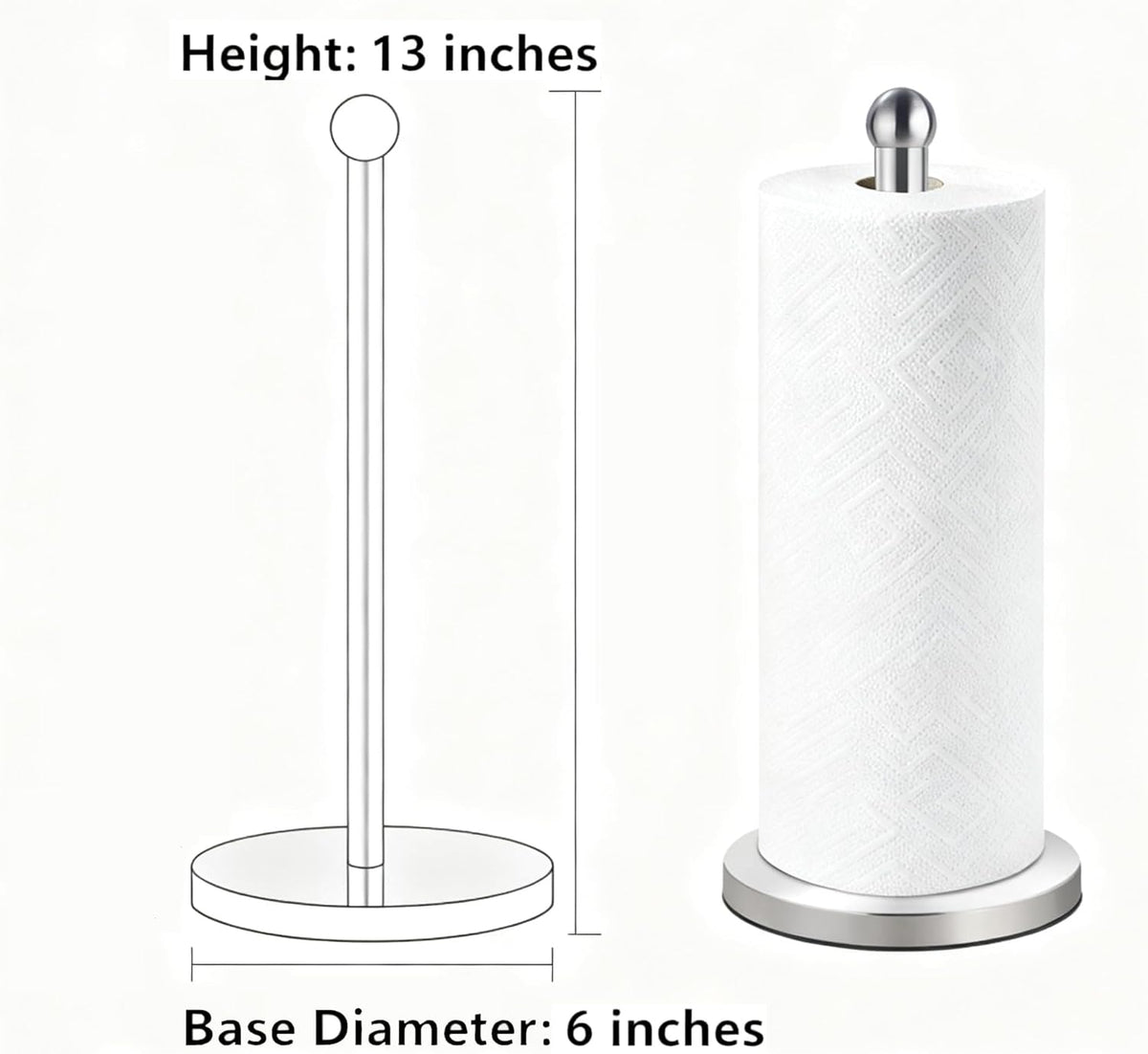 DAWNER Paper Towel Holder Countertop, Freestanding Kitchen Paper Holder Stand, One-Handed Tear, Stainless Steel, Paper Towel Dispenser with Weighted Base for Standard Towel Rolls, Brushed Nickel