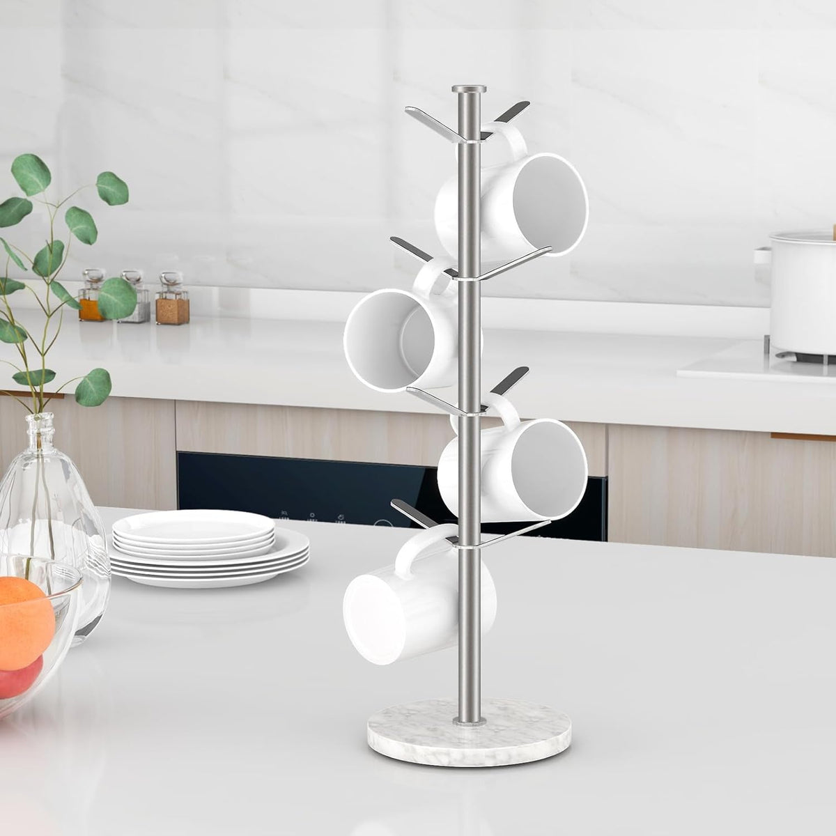Marble Mug Holder Tree, 8 Hooks Brushed Nickel Coffee Cups Stand, New Upgraded Stable Mug Stand for Kitchen Counter Cabinet Cafe