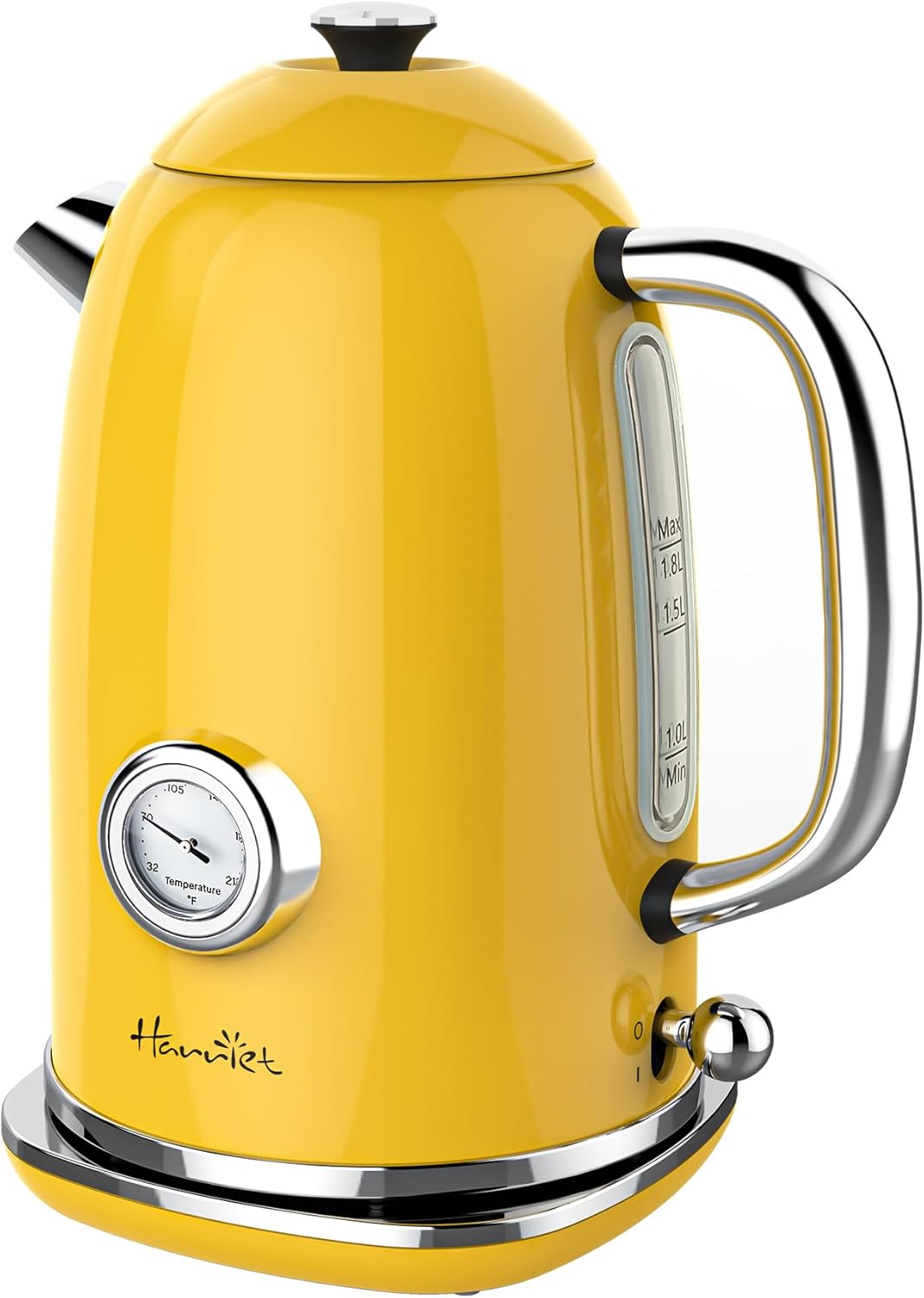 Harriet Electric Kettle, 1.8L Retro Electric Tea Kettle with Thermometer, 1500W Stainless Steel Hot Water Kettle Electric with LED Indicator, Fast Boiling, Cordless, Auto Shut-Off, Yellow