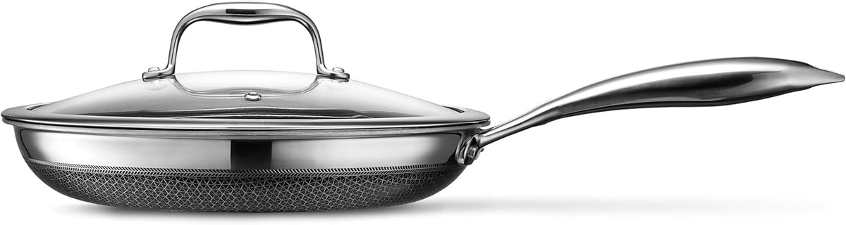 HexClad Hybrid Nonstick 10-Inch Frying Pan with Tempered Glass Lid, Stay-Cool Handle, Dishwasher-Friendly, Oven-Safe Up to 900°F, Induction Ready, Compatible with All Cooktops