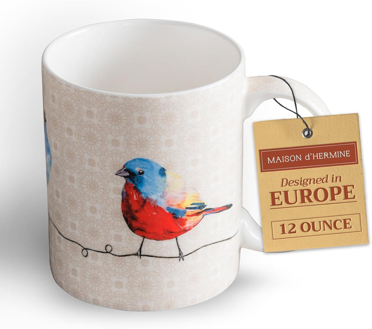 Maison d' Hermine Coffee Mug with Handles Fine Bone China Mugs Pack of One Tea Cups for Hot Beverages Cappuccino Latte Home Restaurant Office Perfect for Gift (Birdies On Wire - Robin, 12 Ounce)