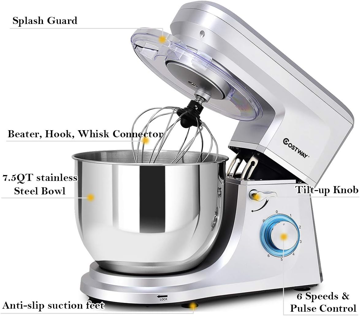 COSTWAY Stand Mixer, 7.5-Quart 660W 6-Speed Electric Mixer with Stainless Steel Bowl, Tilt-head Food Mixer with Dough Hook, Beater, Whisk (Sliver)