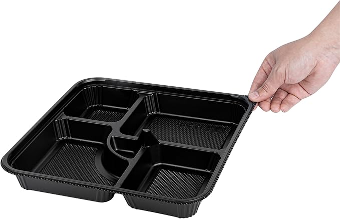 Restaurantware-Bento Tek 39.6 Ounce Meal Prep Containers, 100 Disposable To Go Food Boxes - Lids Sold Separately, 5 Compartments, Black Plastic Bento Lunch Boxes, Microwavable, Freezable