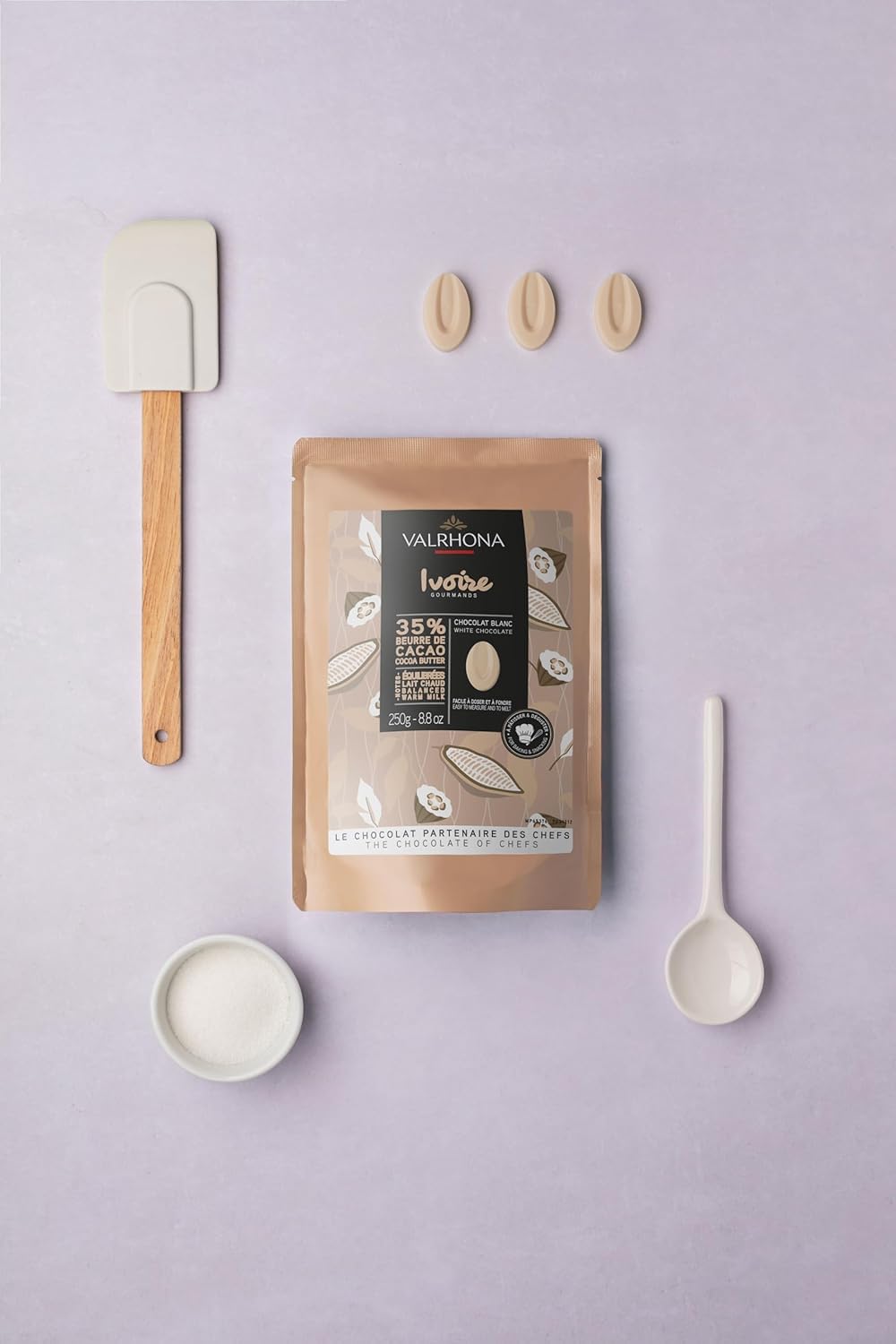 Valrhona Premium French Baking Creamy White Chocolate Discs (Feves) IVOIRE 35% Cacao. Easy Melt and Tempering. Hints of Vanilla & Warm Milk. For Sauces, Mousses, Frostings and Candies 250g (Pack of 2)