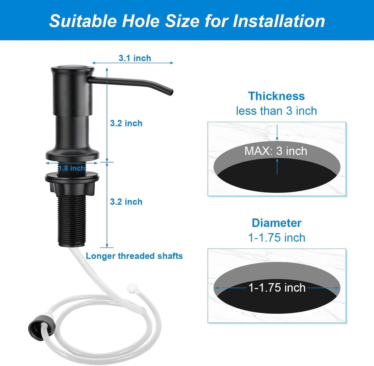 Soap Dispenser for Kitchen Sink, Upgrade Built in Sink Soap Dispenser, Countertop Sink Soap Dispenser Pump with 47" Extension Tube kit, No Need More Refills (Black)