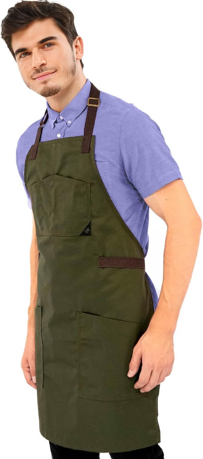 Under NY Sky Chef Apron – Professional Green Twill – Cotton Straps - Smart Pockets - Adjustable for Men and Women – Pro Chef, Cook, Kitchen, Baker, Barista, Bartender, Server Aprons