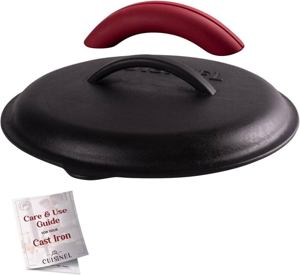 Cuisinel Cast Iron Lid - Fits 12"-Inch / 30.48-cm Lodge Skillet Frying Pans or Braiser + Silicone Handle Holder + Care Guide - Pre-Seasoned Replacement Cover - Indoor/Outdoor, Oven, Fire, BBQ Safe
